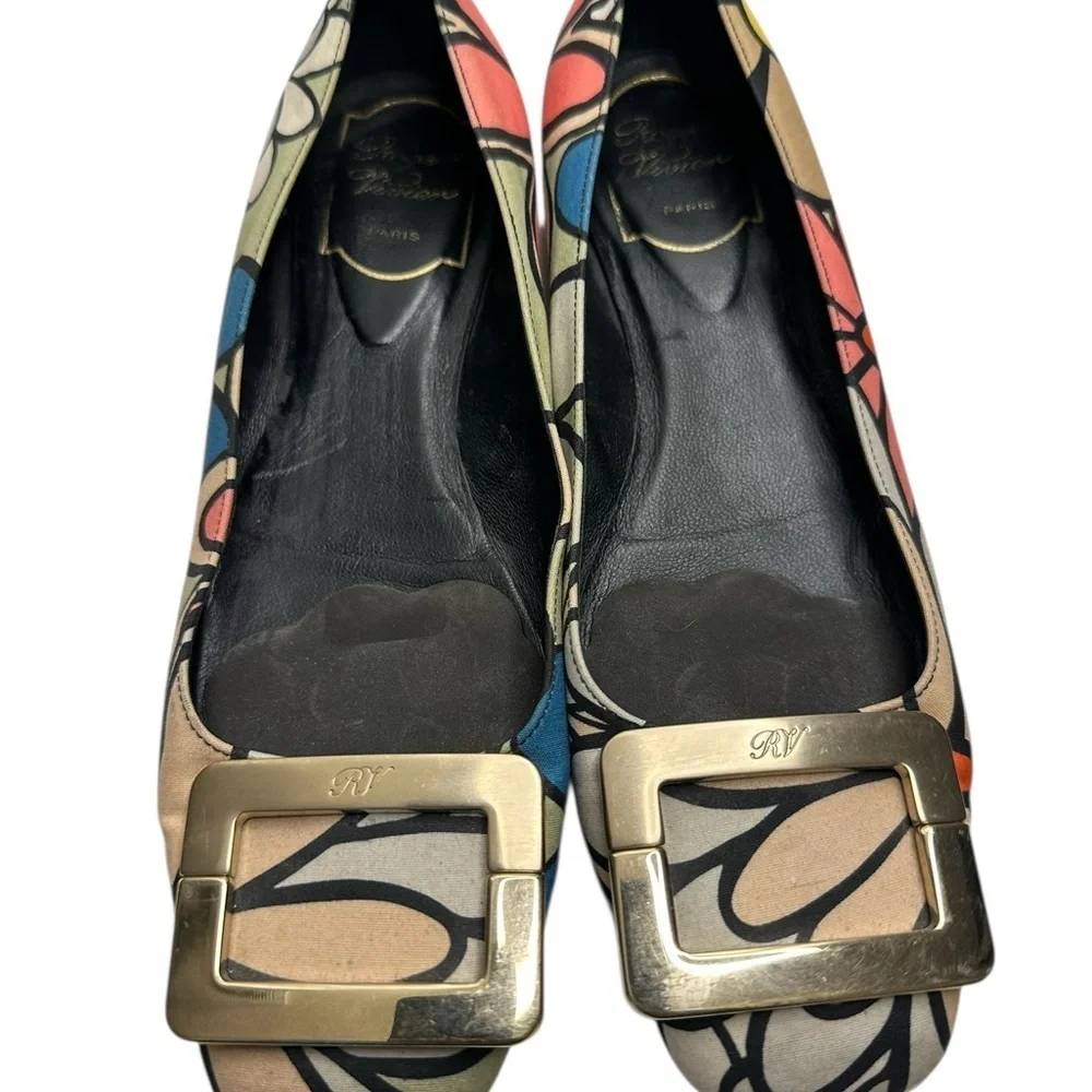 Roger Vivier Floral Multicolor Flats with Gold Buckle, size 7.5